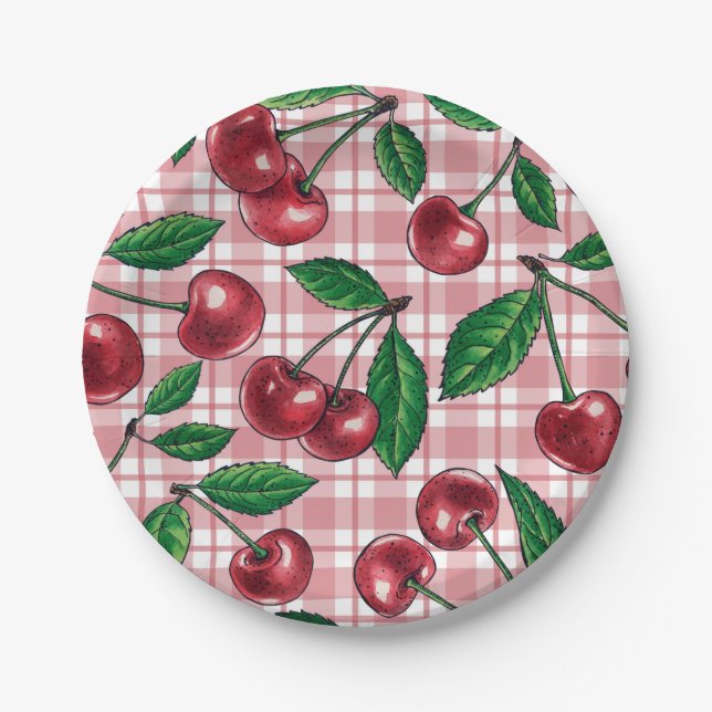 Prato De Papel Cerejas vermelhas em gingham rosa (Frente)