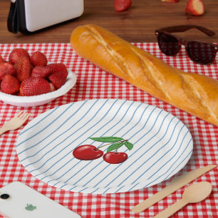 Prato De Papel Cerejas Vermelhas no Padrão Gráfico de Stripes A