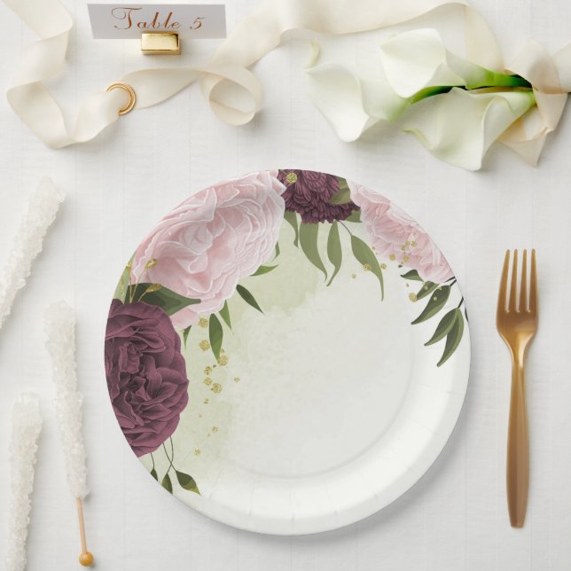 Prato De Papel cervejaria cor-de-rosa flores verde casamento (Casamento)