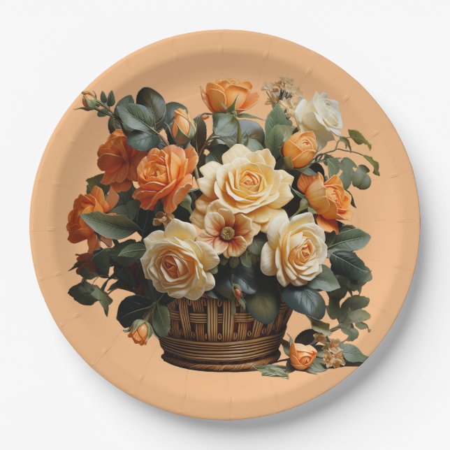 Prato De Papel Cesto de Rosas Laranja (Frente)
