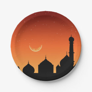 Prato De Papel Céu da noite da silhueta da mesquita - placa de