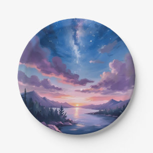 Prato De Papel Céu Noturno Lago Estrelado Roxo Aquarela