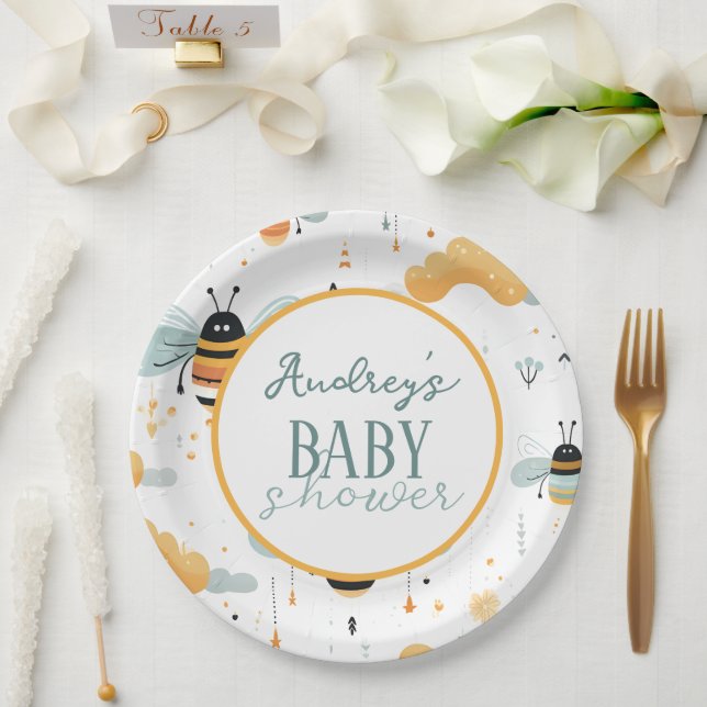 Prato De Papel Chá de Bebê Abelha Bumble Cute (Casamento)