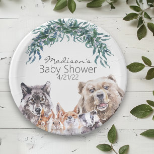 Prato De Papel Chá de Bebê Animais da Floresta Folhagem Aquarela