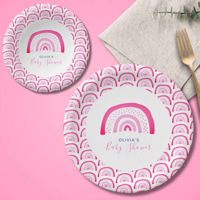 Prato De Papel Chá de bebê arco-íris rosa moderno (Modern pink rainbow baby shower paper plates & bowls.   Matching invitations & party range available)
