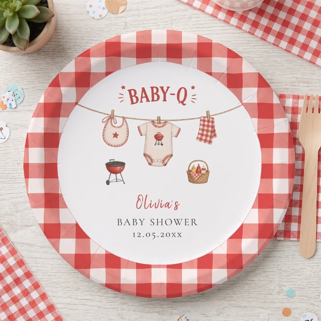 Prato De Papel Chá de Bebê BBQ Rustico Xadrez Vermelho (Bbq Baby Shower Rustic Red Gingham Paper Plates)