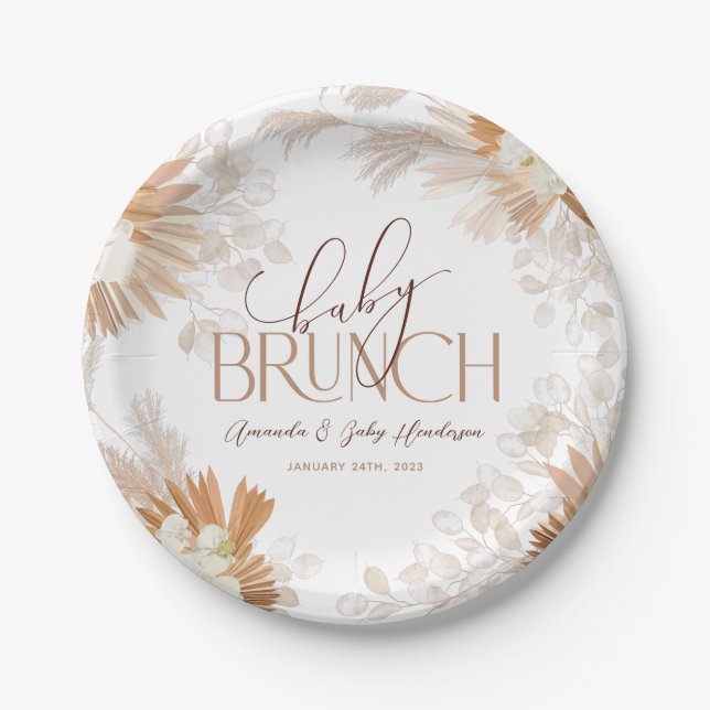 Prato De Papel Chá de Bebê Bebê Brunch Neutro Pampas (Frente)