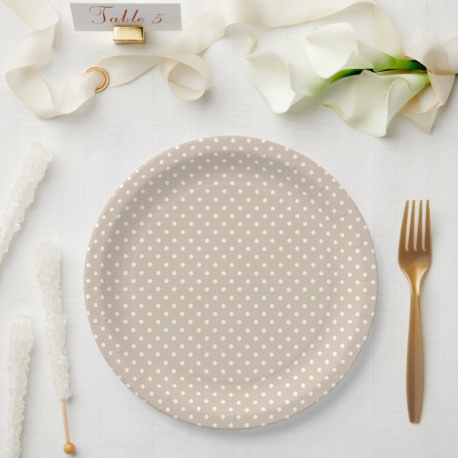 Prato De Papel Chá de Bebê Bege e Branco com Bolinhas (Casamento)