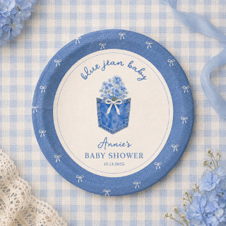 Prato De Papel Chá de Bebê Blue Jean Baby Denim Laço Branco