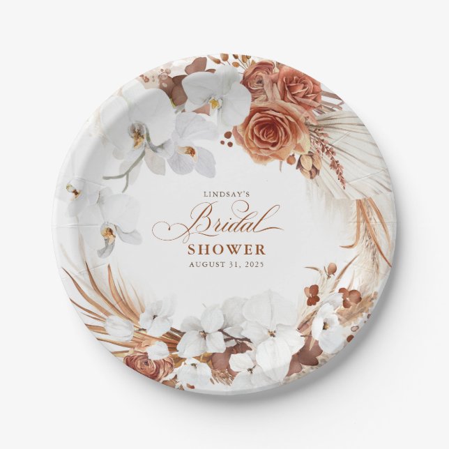 Prato De Papel Chá de Bebê Boho de Flores de Terracota e Brancas (Frente)