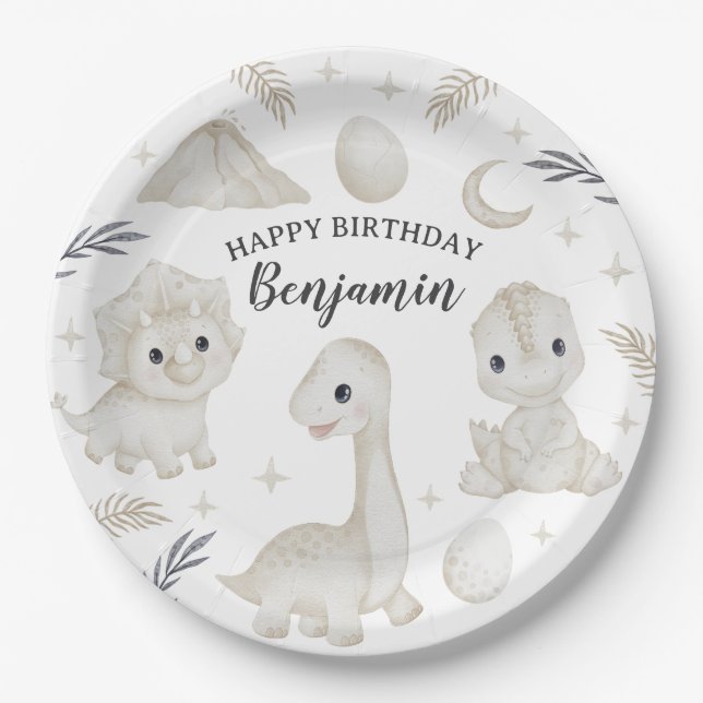 Prato De Papel Chá de Bebê Boho Dinossauro Aquarela Fofa (Frente)
