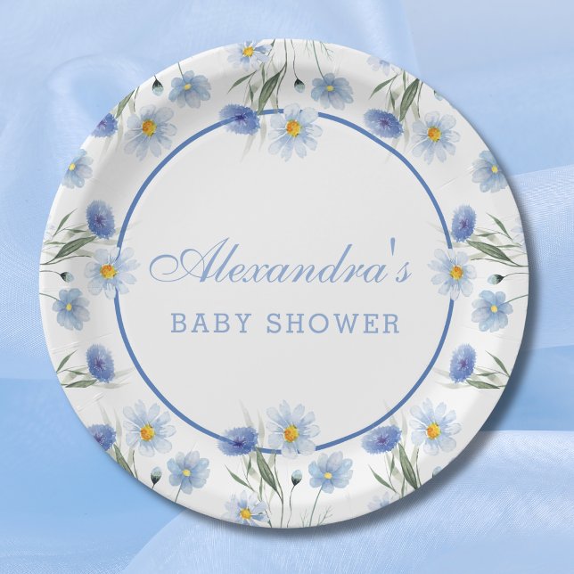Prato De Papel Chá de Bebê Boho Flor Silvestre Azul Elegante (Criador carregado)