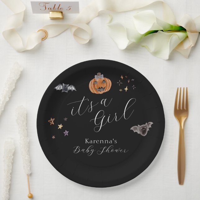Prato De Papel Chá de Bebê Boho Halloween É uma Menina (Casamento)