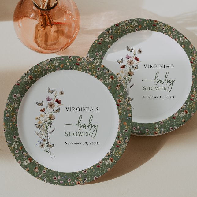 Prato De Papel Chá de Bebê Boho Verde de Flores Silvestres (Sage Green Boho Wildflower Baby Shower Paper Plates by Painted Paperie
)