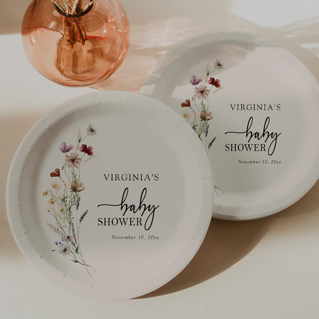Prato De Papel Chá de Bebê Boho Wildflowers (Boho Wildflowers Baby Shower Paper Plates by Painted Paperie
)