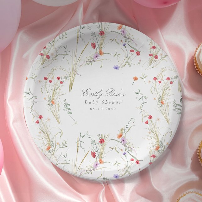 Prato De Papel Chá de Bebê Botânico de Prado de Primavera-Flor Si (Wildflower meadow, baby in bloom, baby girl shower paper plate.)