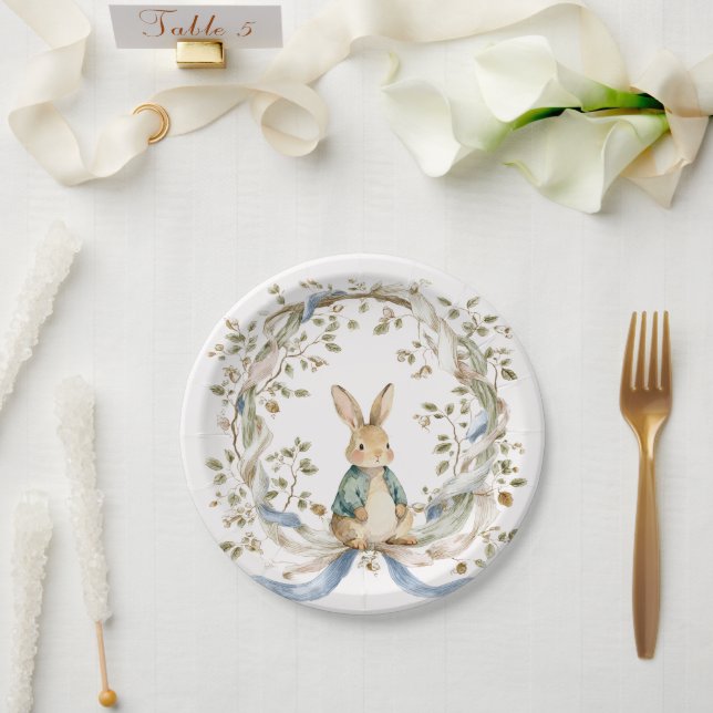Prato De Papel Chá de Bebê Bunny Aquarela Azul Fofo (Casamento)
