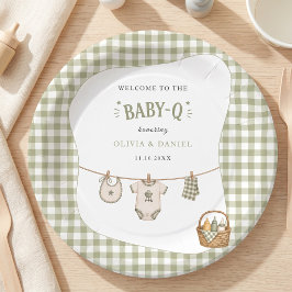 Prato De Papel Chá de Bebê Churrasco Gingham Sage Rústico Persona