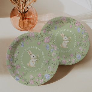 Prato De Papel Chá de Bebê Coelho Floral Vintage Delicado Verde