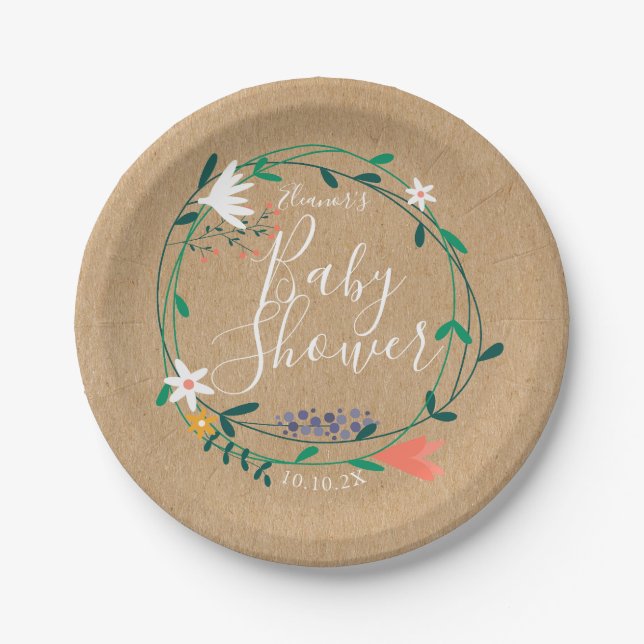 Prato De Papel Chá de Bebê com Grinalda Floral / Sprinkle Rústico (Frente)