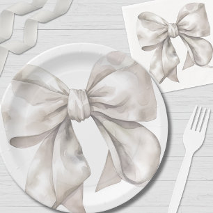 Prato De Papel Chá de Bebê com Laço Branco Simples