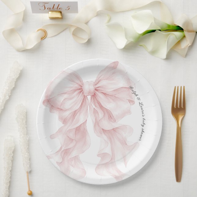 Prato De Papel Chá de Bebê com Laço Rosa  (Casamento)