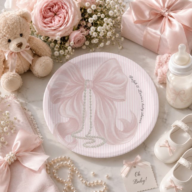 Prato De Papel Chá de Bebê com Laço Rosa (Criador carregado)