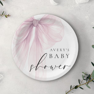 Prato De Papel Chá de Bebê com Laço Rosa Elegante