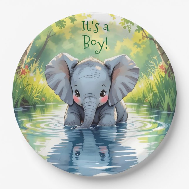 Prato De Papel Chá de Bebê com Tema de Elefante Bebê (Frente)