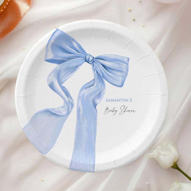 Prato De Papel Chá de Bebê Coquette de Laço Azul Elegante (Criador carregado)