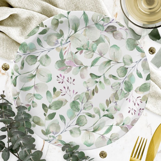 Prato De Papel Chá de Bebê de Aquarela de Eucalipto Verde (Criador carregado)