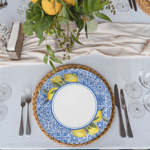 Prato De Papel Chá de Bebê de Azulejo Mediterrâneo e Limões