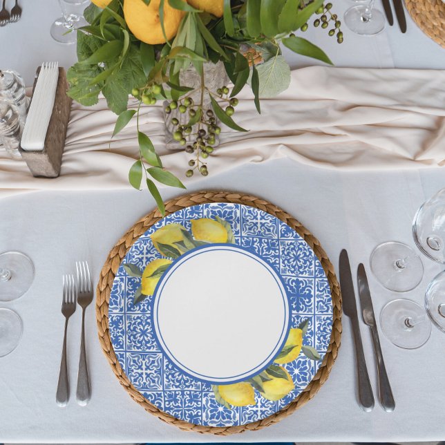 Prato De Papel Chá de Bebê de Azulejo Mediterrâneo e Limões (Criador carregado)