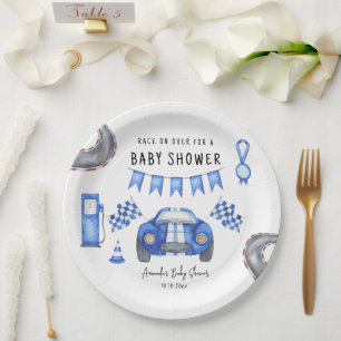 Prato De Papel Chá de Bebê de Carro de Corrida Azul Aquarela
