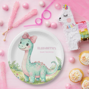 Prato De Papel Chá de Bebê de Dinossauro Fofo com Laço Rosa