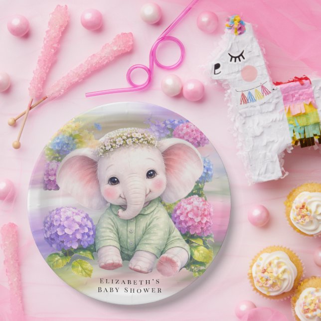 Prato De Papel Chá de Bebê de Elefante Bebê com Hortênsias (Festa)