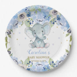 Prato De Papel Chá de Bebê de Elefante Fofo Floral Azul