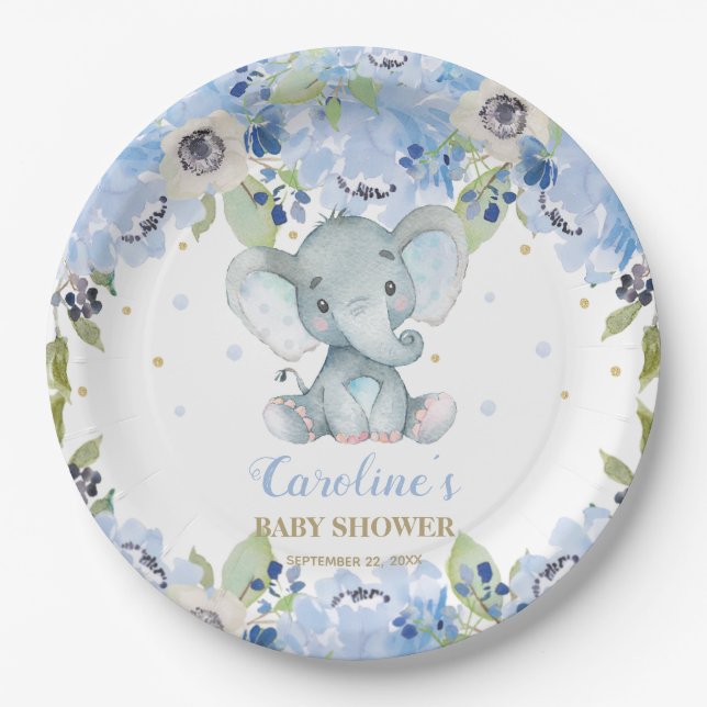 Prato De Papel Chá de Bebê de Elefante Fofo Floral Azul  (Frente)