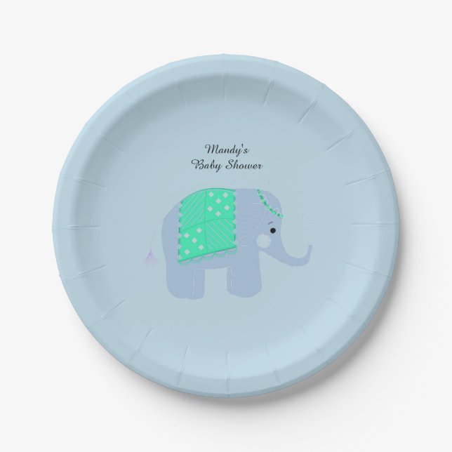 Prato De Papel Chá de Bebê de Elefante Indiano Azul (Frente)