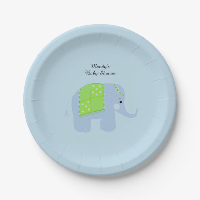 Prato De Papel Chá de Bebê de Elefante Indiano Azul (Frente)