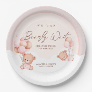 Prato De Papel Chá de Bebê de Gêmeas Meninas com Urso de Pelúcia