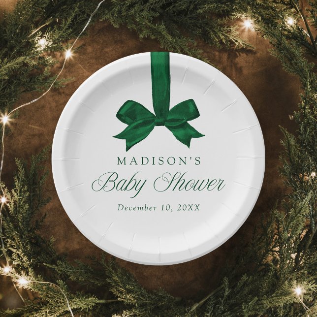 Prato De Papel Chá de Bebê de Natal com Laço Verde Elegante (Criador carregado)