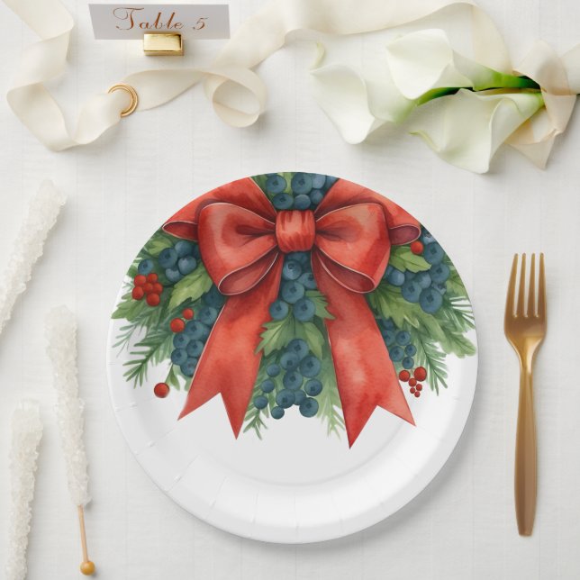 Prato De Papel Chá de Bebê de Natal com Laço Vermelho (Casamento)