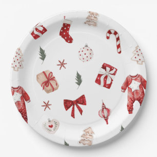 Prato De Papel Chá de Bebê de Natal de Inverno Vermelho Alegre e 