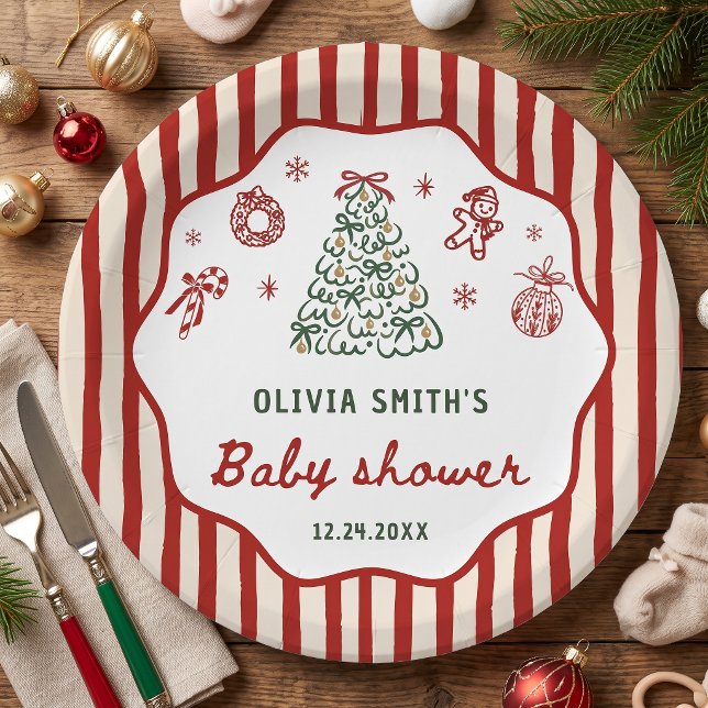 Prato De Papel Chá de Bebê de Natal Red Stripe (Criador carregado)