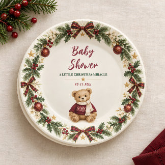 Prato De Papel Chá de Bebê de Natal Urso de Pelúcia Borgonha
