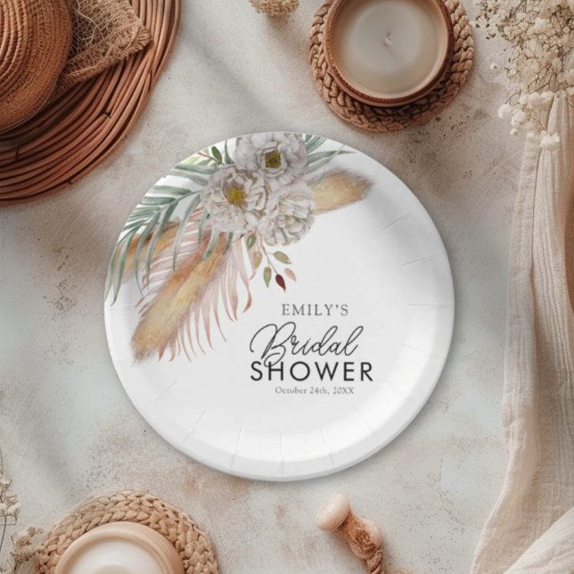 Prato De Papel Chá de Bebê de Noiva em Aquarela Elegantes Pampas  (Criador carregado)