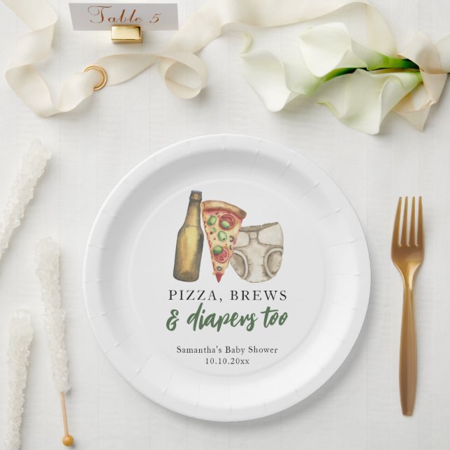 Prato De Papel Chá de bebê de pizza, cervejas e fraldas também (Casamento)