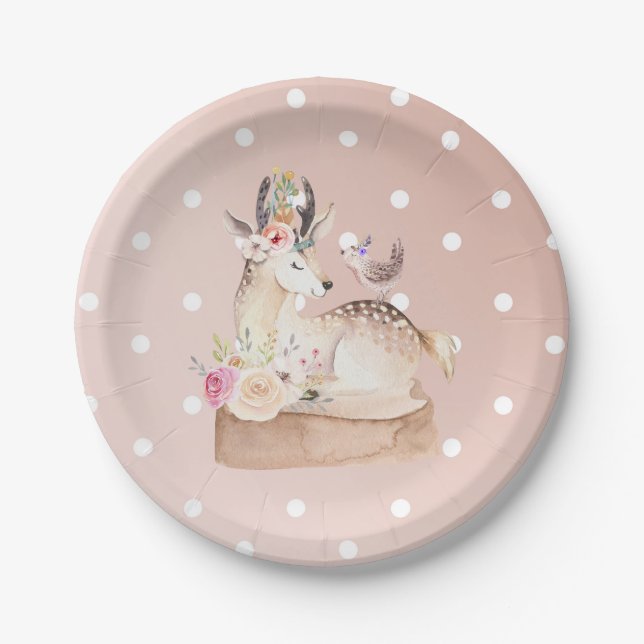 Prato De Papel Chá de Bebê de Veado e Pássaro da Floresta em Aqua (Frente)