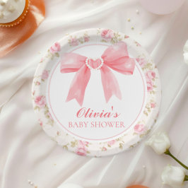 Prato De Papel Chá de bebê delicado com laço rosa e rosas